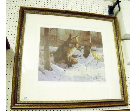 John Trickett - limited edition print ' Fox in the Snow', signed in pencil - framed and glazed 33 x 40cm