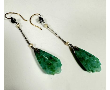 A pair of celadon coloured jadeite triangular shaped carved leaf pendant earrings with paste pearl mounted chain drops, with 