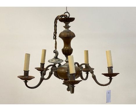 A French style silvered metal, turned walnut and copper five branch chandelier with chain and ceiling rose, H50cm
