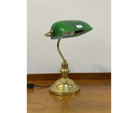 A gilt lacquered brass bankers type light with green glass shade H40cm