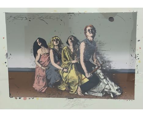 Four Figures Seated, silkscreen print, signed indistinctly, dated 1995, in painted frame (48cm x 69cm)
