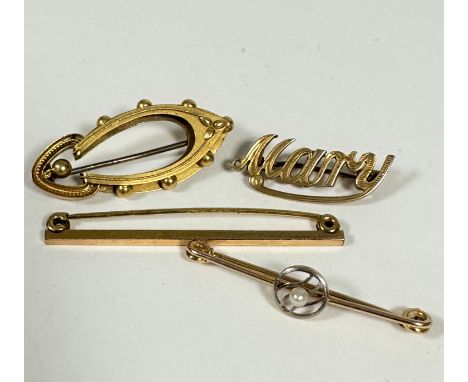 A white metal mounted bar brooch set cultured pearl (4cm) , a yellow metal boteh shaped brooch with beaded border (4cm), a 12