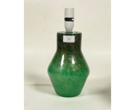 A Scottish art glass angular green vase with aventurine inclusions, by Monart, converted to a table light. H21cm (excluding f