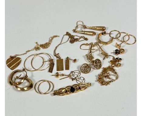 A 9ct gold bar brooch set three garnets, a selection of miscellaneous yellow metal and 9ct gold drop earrings, a 9ct gold hea