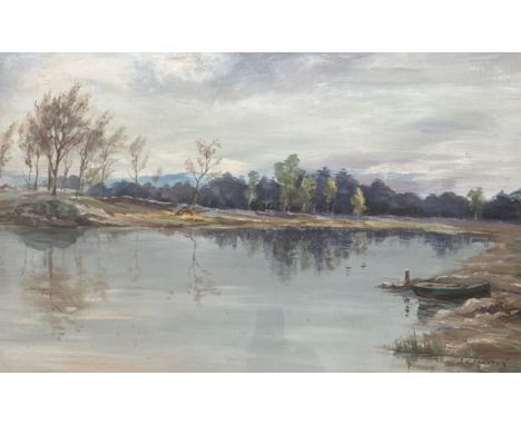 John Kidd Maxton (Scottish: 1878 - 1942), Riverscape with Rowing Boat, oil on canvas, signed bottom right, in gilt frame, pap