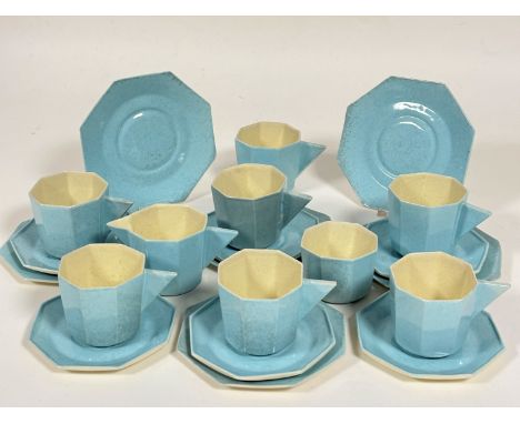 Winnifred Campbell, a twenty one piece Art Deco 1936 robin's egg blue decorated pottery tea service, with stylised triangular