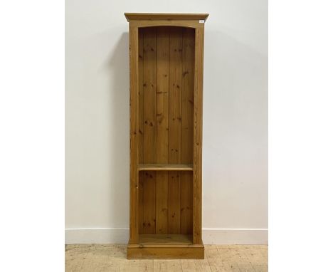 A late 20th century pine floor standing open bookcase, fitted with one fixed shelf (lacking adjustable shelves and shelf pegs