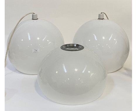 A pair of Vintage pendent light fittings, each with white translucent moulded polyurethane spherical shades (D35cm) together 