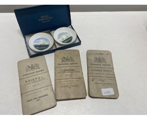 A selection of antique Ordnance Survey maps and a boxed pair of Royal Worcester pin dishes 