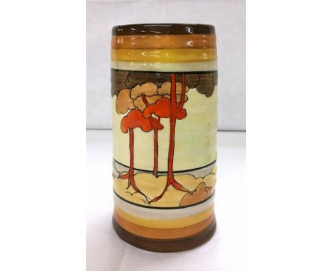 Clarice Cliff Coral Firs Cylindrical Vase with brown/orange/ochre ribbed collar & foot rim, decorated with trees in yellow/br