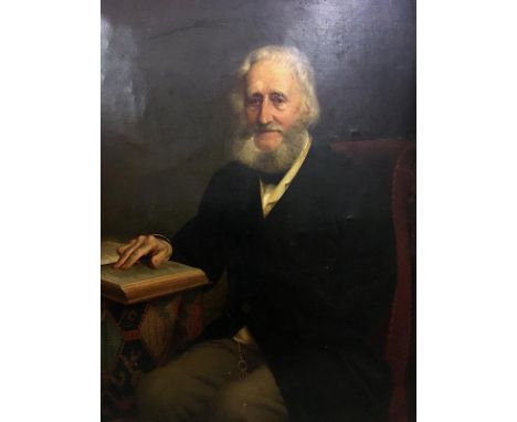 Mid C19th Portrait Gentleman with full grey beard sitting in chair reading a book, believed to be James Maloney timber mercha