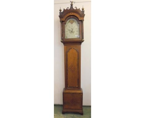 8-Day Longcase Clock with arched dial painted with roses & fruit to corners, marked Warham Birmingham?, golden oak case with 