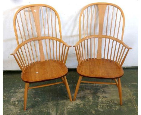 Pair Ercol High Back Windsor Style Open Armchairs with elm seats, on turned supports (2) 