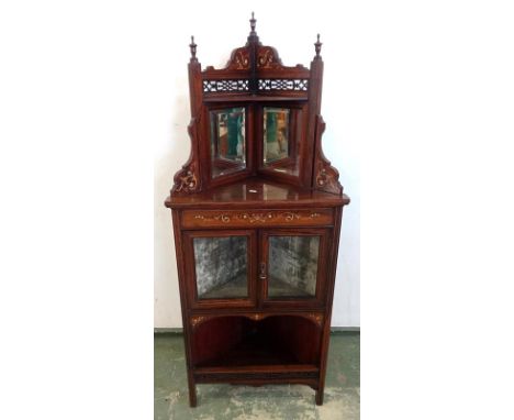 Late Victorian Rosewood Marquetry Inlaid Standing Corner Cabinet, lower section with open hutch & pierced gallery, pair glaze