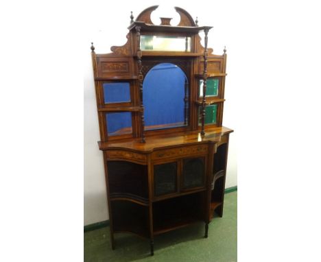 Late Victorian Rosewood Sideboard, lower section with open shelves, centre with open hutch & pair bevelled glass arched doors