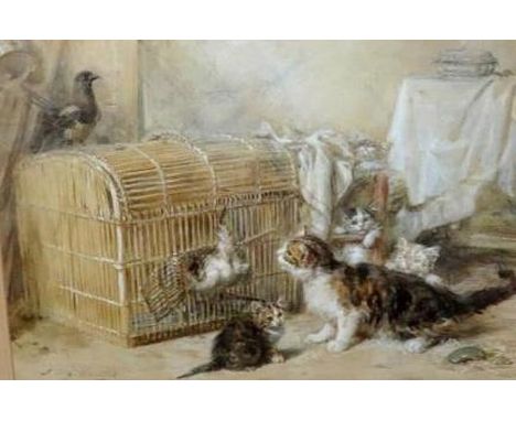 Large F/g Watercolour 'The Intruder' kittens playing in basket with bird perched above, signed by Louis Eugene Lambert 1825 -