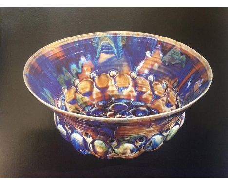 Janice Tchalenko Ceramic Bowl in blues, browns, green with circular relief design, from exhibition 1997, approx. 40cm Dia. x 
