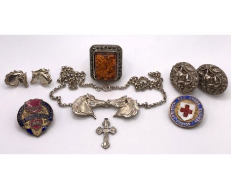 A silver necklace, with horse head pendant, a pair of similar earrings, an amber and silver dress ring, a pair of Indian silv