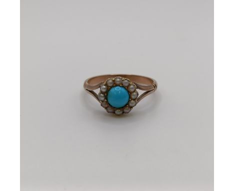 A turquoise and seed pearl ring, ring size M, and two bar brooches (3) 