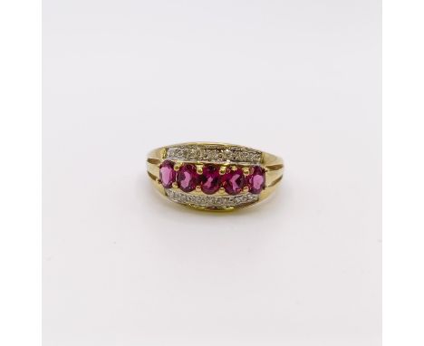 A 9ct gold, diamond and red stone ring, ring size N 
