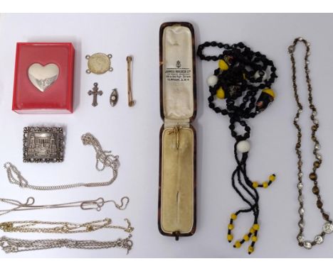 A 9ct gold stick pin, in a vintage jewellery box, and assorted costume jewellery 