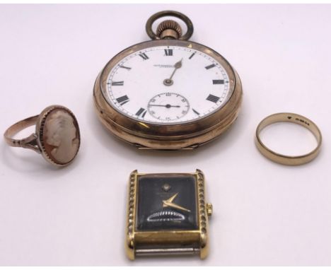 A 9ct gold wedding band, 2.1 g, a cameo ring, a gold plated pocket watch, and a ladies watch, lacking strap (4) 