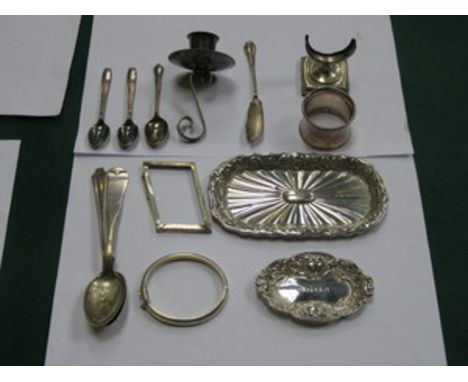 PARCEL OF SILVER ITEMS INCLUDING RECEIVER, BANGLE . PLATED SPOONS, NAPKIN RINGS ETC.  