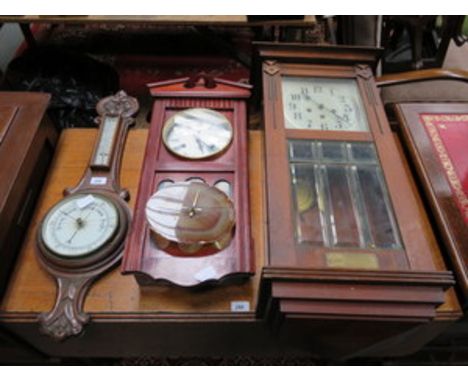 TWO WALL CLOCKS, CARVED OAK CASED BAROMETER AND ANOTHER WALL CLOCK 