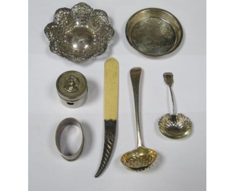 SILVER RECEIVER, TEA STRAINER, CADDY SPOON, NAPKIN RING, LETTER KNIFE AND PLATED INKWELL, ETC. 