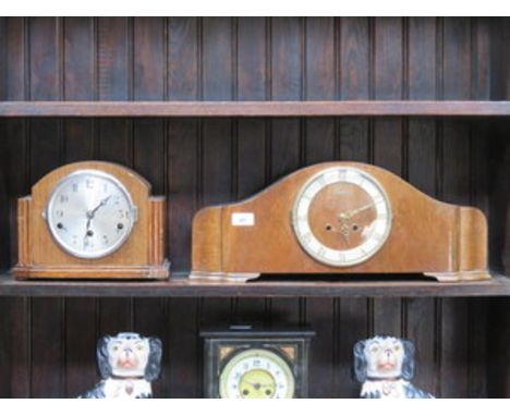 TWO OAK CASED ART DECO STYLE MANTEL CLOCKS 