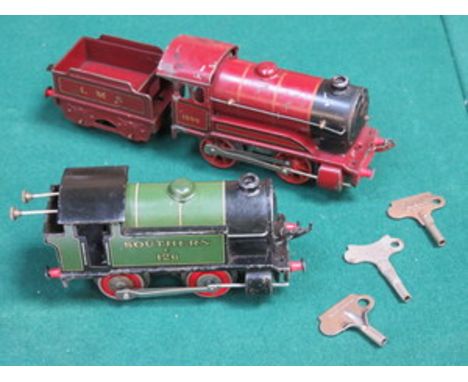 HORNBY O GAUGE 1930s RARE 'SOUTHERN' REGION 0-4-0 TANK ENGINE, No. 126. ALSO ELECTRIC LMS 0-4-0 TENDER ENGINE, BOTH IN FAIR C