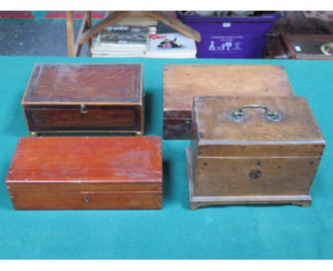 OAK THREE SECTION TEA CADDY, INLAID STORAGE BOX AND TWO OTHER STORAGE BOXES 