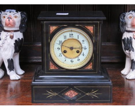 DECORATIVE BLACK SLATE AND MARBLE EFFECT MANTEL CLOCK WITH ENAMELLED DIAL