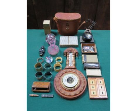 SUNDRY LOT INCLUDING BAROMETER, SNUFF BOX, PEN KNIVES, NAPKIN RINGS, BINOCULARS AND GLASSWARE 