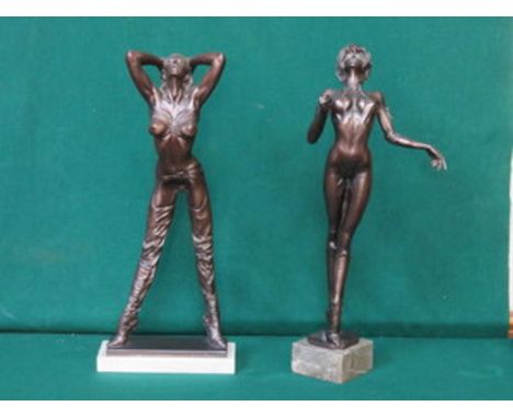 TWO ART DECO STYLE COMPOSITION FIGURINES ON MARBLE EFFECT STAND, APPROXIMATELY 46cm HIGH 
