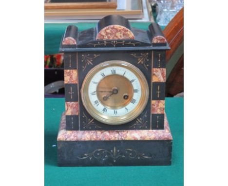 DECORATIVE BLACK SLATE AND MARBLE EFFECT MANTEL CLOCK WITH ENAMELLED DIAL 