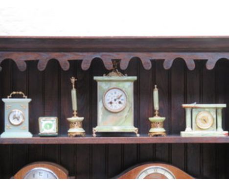 THREE VARIOUS ONYX STYLE MANTEL CLOCKS AND FOLDING TRAVEL CLOCK 