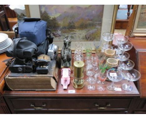 SUNDRY LOT INCLUDING BIBLE, CAMERAS, GLASSWARE, SMALL MINER'S LAMP, CERAMICS, ETC. 
