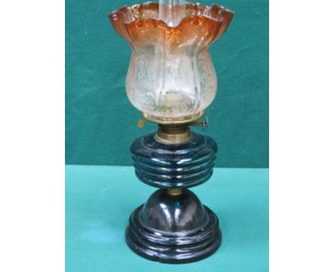DUPLEX VICTORIAN OIL LAMP WITH CRANBERRY COLOURED ACID ETCHED TULIP GLASS SHADE AND DEEP BLUE GLASS RESERVOIR 