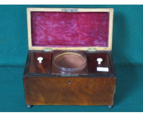 ANTIQUE MAHOGANY STRING INLAID TEA CADDY WITH FITTED INTERIOR AND ORIGINAL GLASS BOWL