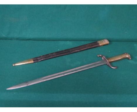 ANTIQUE BRASS HANDLED MILITARY BAYONET WITH SCABBARD, BLADE STAMPED 'CLEMEN & JUNG' 