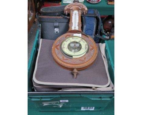 SUNDRY LOT INCLUDING LINENS, BAROMETER, PICNIC SET AND TWO PAIRS OF BINOCULARS 