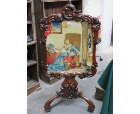 VICTORIAN CARVED ANTIQUE ROSEWOOD TAPESTRY FIRESCREEN ON TRIPOD SUPPORT