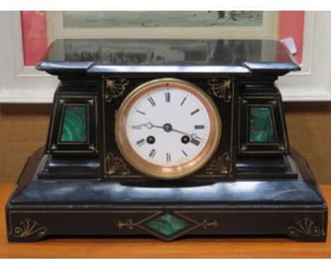 BLACK SLATE AND GILDED MANTEL CLOCK WITH ENAMELLED DIAL 