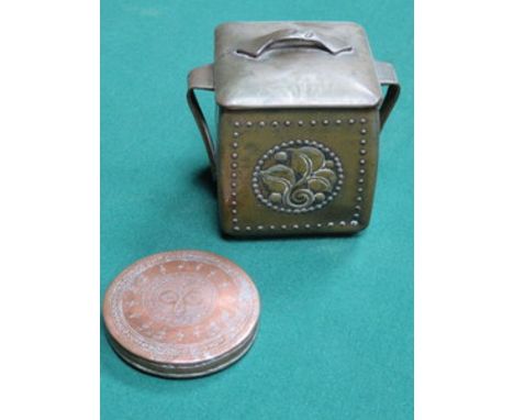 ARTS & CRAFTS STYLE TWO HANDLED TEA CADDY AND SMALL CIRCULAR COPPER STORAGE BOX 