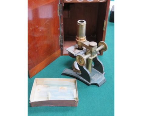 MAHOGANY CASED BRASS MICROSCOPE BY R. FIELD & SONS, BIRMINGHAM 
