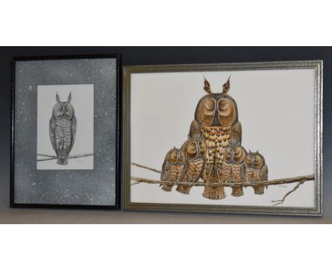 P Samson (Contemporary British School)A Hoot of Owlssigned, watercolour, 25cm x 35cm; another, P samson, sketch of an owl sle