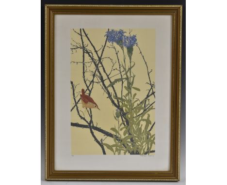 James Williamson-Bell (bn. 1938), by and after, Thistles and a Wren, signed in pencil to margin, linocut print, limited edtio