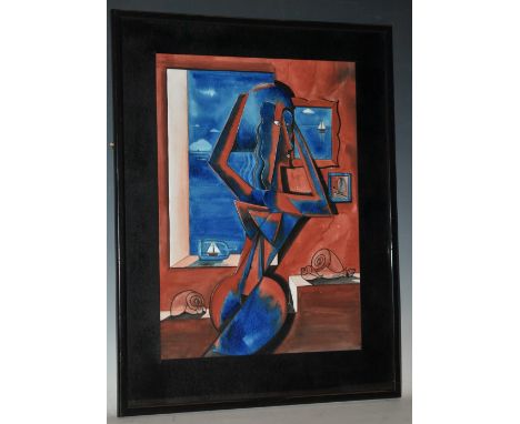 Cubist School, Austin Samson (British Contemporary)Come Home Sailor, Cubist Nude in Red and Blue,signed, titled to verso, wat