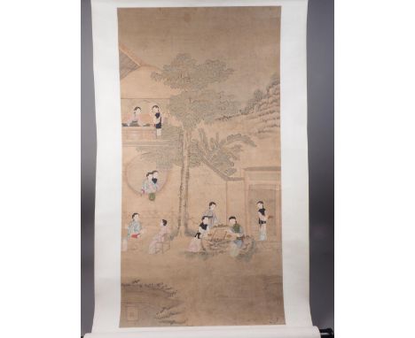 A Chinese watercolour on linen scroll, women in a court garden, 36 3/4" x 19", on silk mount